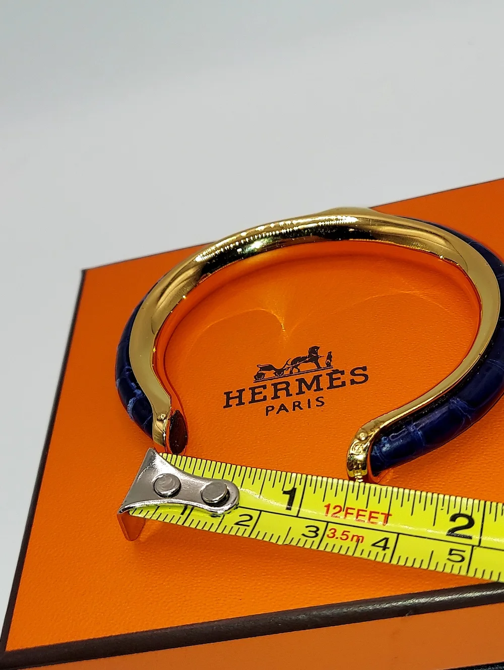 Vintage Unisex HERMES KYOTO Gold Tone  With Blue Leather Cuff Bangle Bracelet!